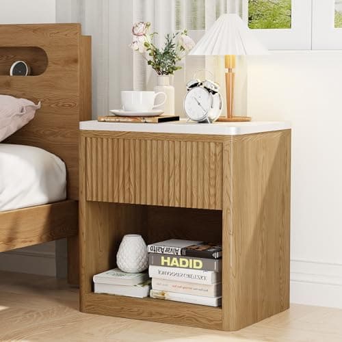 Yusong Natural Oak Fluted Nightstand with Drawer, Large Bedside Table