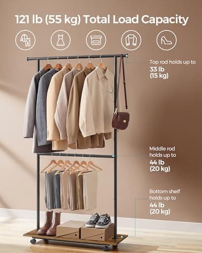 SONGMICS Adjustable Clothing Rack with Shelf, Hanging Rod Up to 121 lbs, Rustic Brown and Ink Black