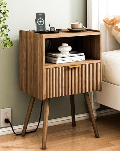Black Modern Nightstand with Outlet and Storage, Solid Wood Legs, Easy Assembly