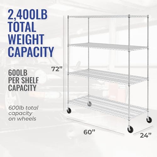 NSF Certified Heavy Duty Wire Shelf - Silver, 24"x60"x72" 4-Tier with Wheels