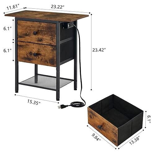 End Table with Charging Station and Drawers, Slim Side Table with USB Ports, Rustic Brown Wood Desktop Table