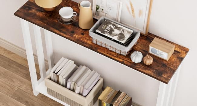 Solid Wood Console Table with Storage Shelves, Rustic White