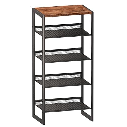 Slim 5-Tier Shoe Rack with Wood Top & Steel Mesh, 16.5x11.8x36 Inches for Entryway/Closet/Dorm