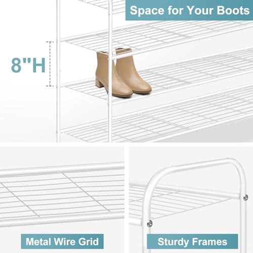 4 Tier Wide Stackable Shoe Rack for Closet with Wire Grid Shelf, White