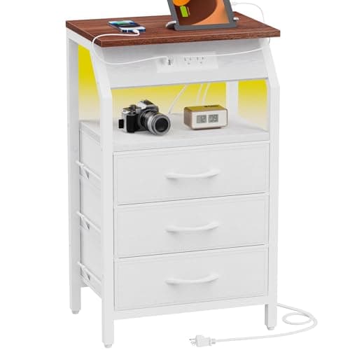 Modern Black End Tables Set of 2 with Charging & LED Lights & 3 Drawers