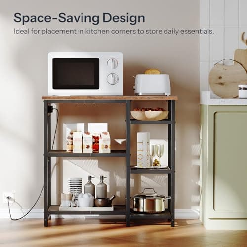 HOOBRO BF35UHB01 4-Tier Baker's Rack, Charging Station, Rustic Brown and Black