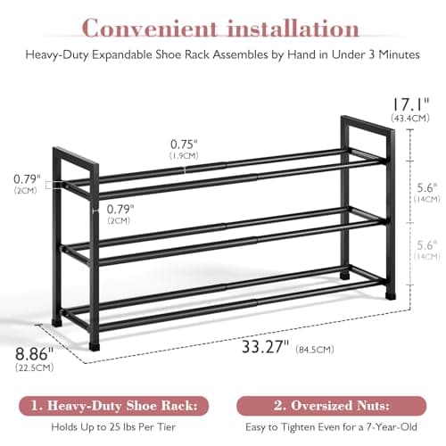Sturdy 3-Tier Black Metal Shoe Rack for Closet and Front Door
