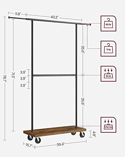 VASAGLE Extendable Clothing Rack with Wheels, Rustic Brown and Black URGR111B01V1