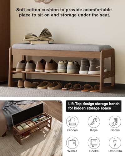 Walnut Wood 2-Tier Shoe Bench with Flip-Top Storage for Entryway