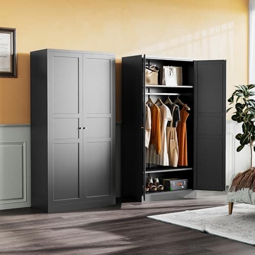 SISESOL Black Metal Wardrobe Closet with Adjustable Shelves