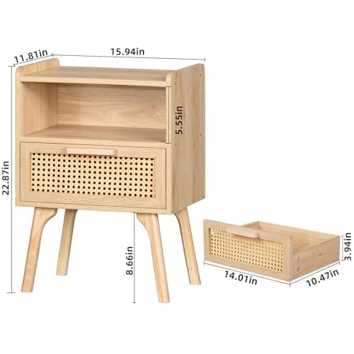 Lerliuo Natural Boho Rattan Nightstands Set of 2 with Drawer & Shelf for Bedroom Small Spaces