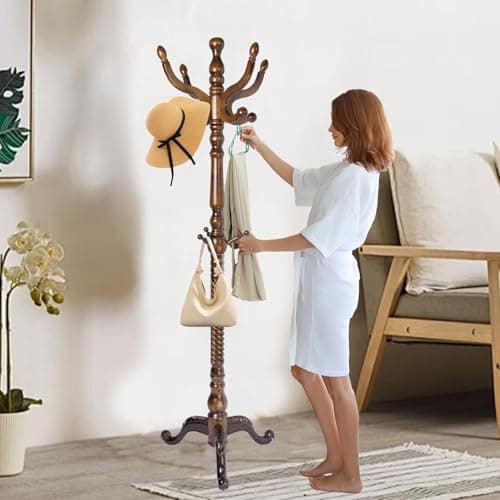 Modern Solid Wooden Coat Rack, 11 Hooks, Natural Birch, 330 lbs Capacity