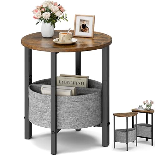 Vagusicc Small Round End Table with Fabric Basket, Set of 2