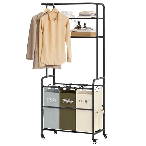 Gewudraw 3-Section Laundry Hamper Cart with Hanging Rack & 2-Tier Shelf