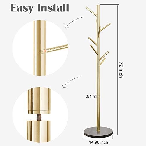 Jolitac Golden Satin Steel Coat Rack with Marble Base & Hooks