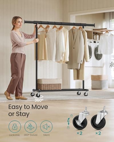 SONGMICS Portable Clothing Rack with Wheels, 220 lb Capacity, Extends Up to 52"