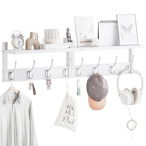 Bamboo Wall Mount Coat Rack with Shelf, 2 Pack, 8 Hooks (Natural)