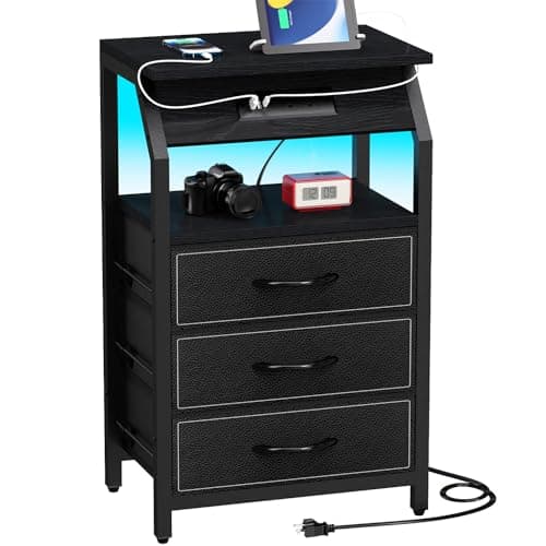Modern Black End Tables Set of 2 with Charging & LED Lights & 3 Drawers