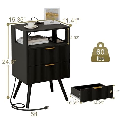 Modern Black Nightstand with Charging and LED Lights, 2 Drawers and Shelf
