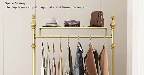 Industrial Gold Clothing Rack with Double Shelves, Heavy Duty Metal Coat Organizer