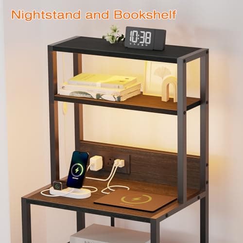 Furnulem Tall Nightstand with 4-Tier Shelves & 2 Drawers, Black Oak Charging Bedside Table