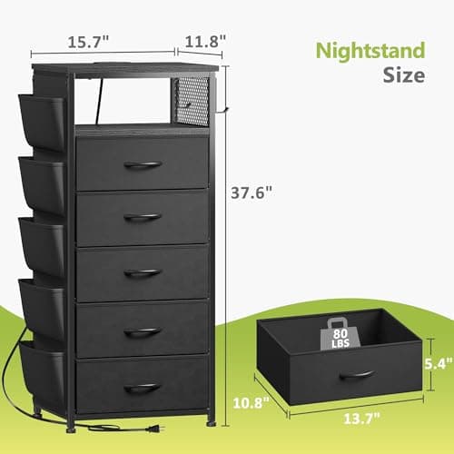EnHomee Black Nightstand with Charging Station & 5 Drawer Dresser