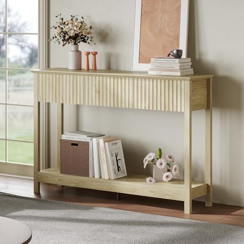 Treocho 47" Fluted Console Table with 3 Drawers, Oak Storage Foyer Table for Entryway, Living Room
