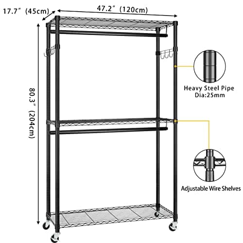 Finnhomy Heavy Duty 3-Tier Metal Clothes Rack with Lockable Wheels