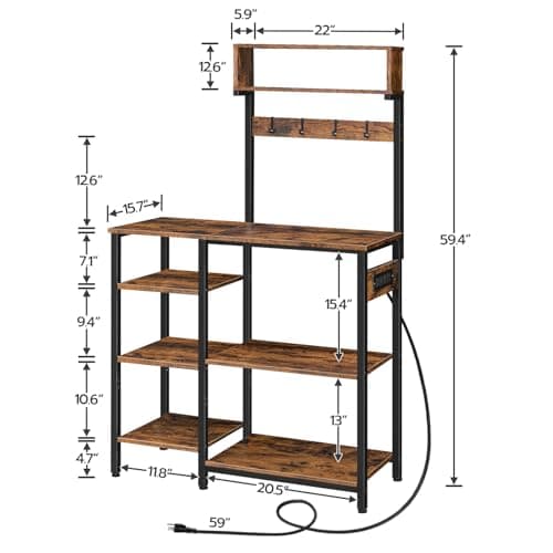 HOOBRO 35.4 Inch Bakers Rack with Power Outlet & 6 Tiers Storage, Rustic Brown & Black