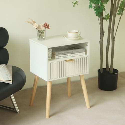MaxSmeo White Mid Century Modern Nightstand with 2-Tier Storage for Bedroom