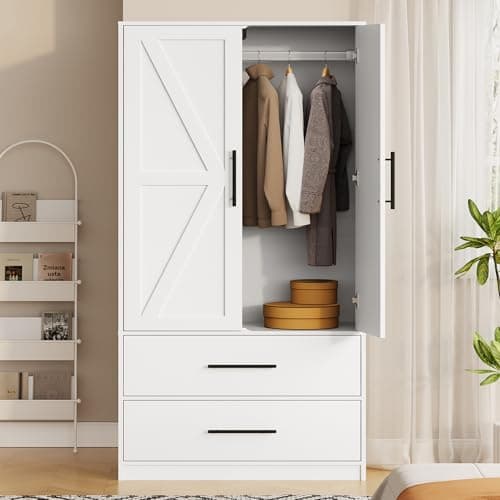 HOOBRO 70.9" Tall Wooden Farmhouse Wardrobe with 2 Drawers & Doors, White