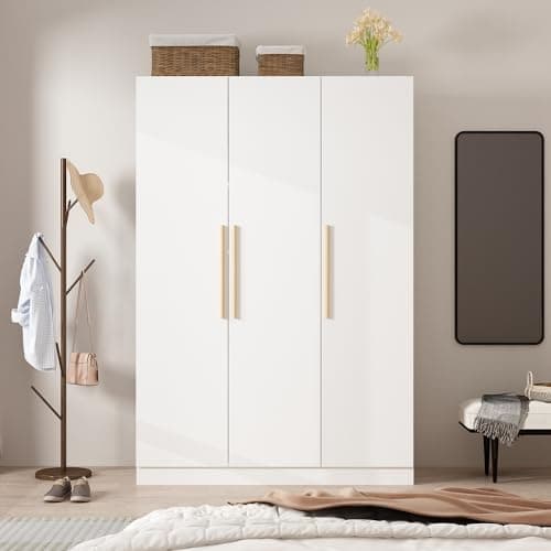 MOUMON White Armoire Wardrobe 3 Doors Cube Shelves 18.9" D x 47.2" W x 70" H