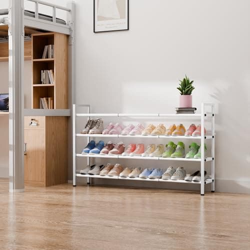 Sturdy White Metal 4-Tier 18"-44" Adjustable Shoe Rack, Stores 20-24 Pairs