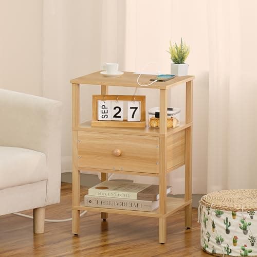 Lerliuo 3-Tier Nightstand with Charging Station - Natural Wood