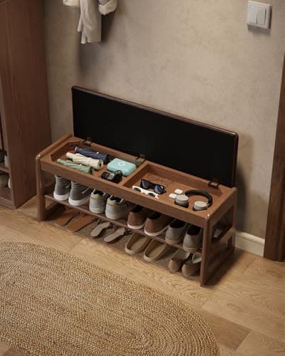 Walnut Wood 2-Tier Shoe Bench with Flip-Top Storage for Entryway