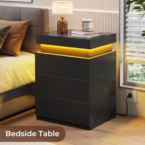 Modern Black Nightstand Set with Charging Station & Drawers