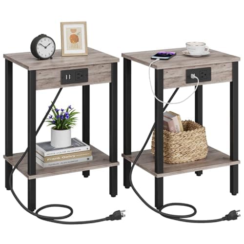 2-Piece End Table Set with Charging Station for Small Spaces