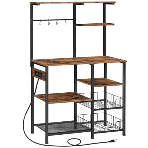 Rustic Brown & Black HOOBRO 6-Tier Bakers Rack with Power Outlets & Wire Basket