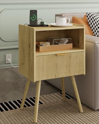 Yellow Oak Modern Nightstand with Storage Drawer & Wood Shelf