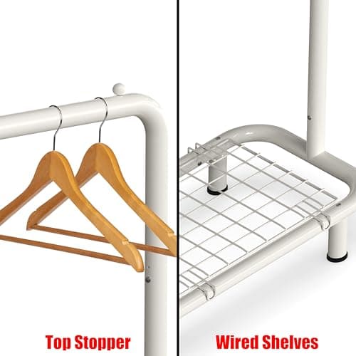 Industrial White Clothing Rack with Bottom Shelves