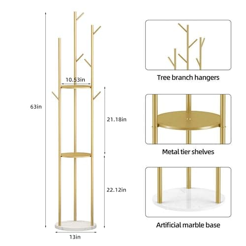 Gold Coat Rack Stand with 3 Shelves & 9 Hooks, Marble Base & Tree Hanger