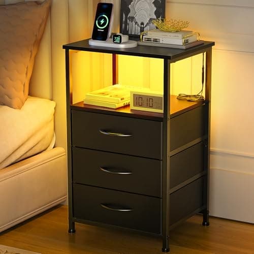 White Nightstand with LED Light, 3 Fabric Drawers for Small Spaces