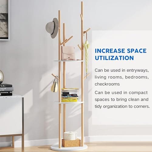 LIWSHWZ White Free Standing Coat Rack with Shelf & 9 Hooks for Home Entryway