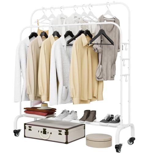 Heavy Duty Portable Clothes Hanging Garment Rack with Metal Shelf, Black (White)
