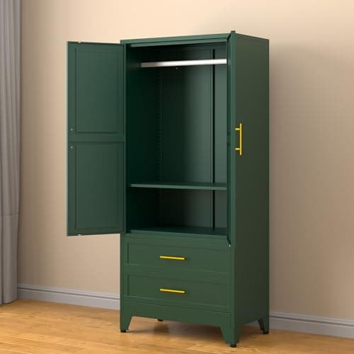 71" Green Metal Storage Cabinet with 2 Doors & Drawers, Hanging Rods for Home Office, Bedroom, Living Room