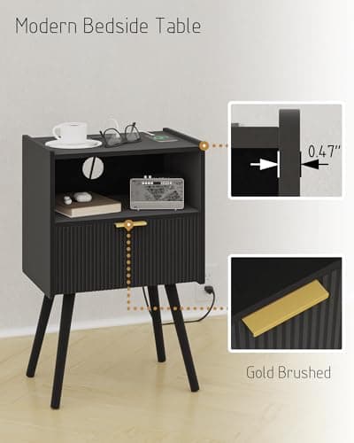 Black Modern Nightstand with Outlet and Storage, Solid Wood Legs, Easy Assembly