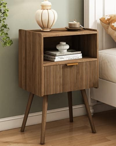 Black Modern Nightstand with Outlet and Storage, Solid Wood Legs, Easy Assembly