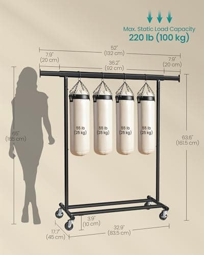 SONGMICS Portable Clothing Rack with Wheels, 220 lb Capacity, Extends Up to 52"