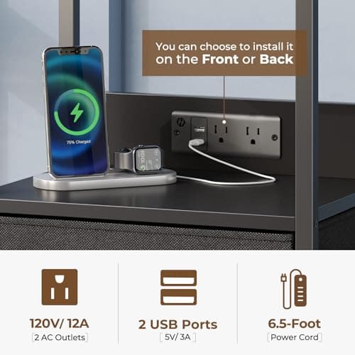 Seventable Black Nightstand with Charging & LED Lights, 3-Tier Storagedrawer