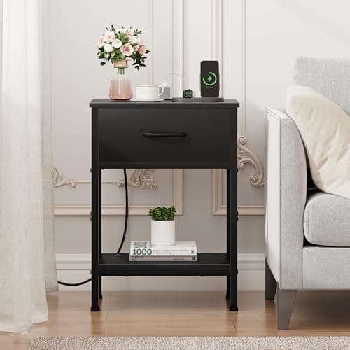 Vagusicc Charging Nightstand Set, Black, 25.4" Tall, Bedside Table with Storage